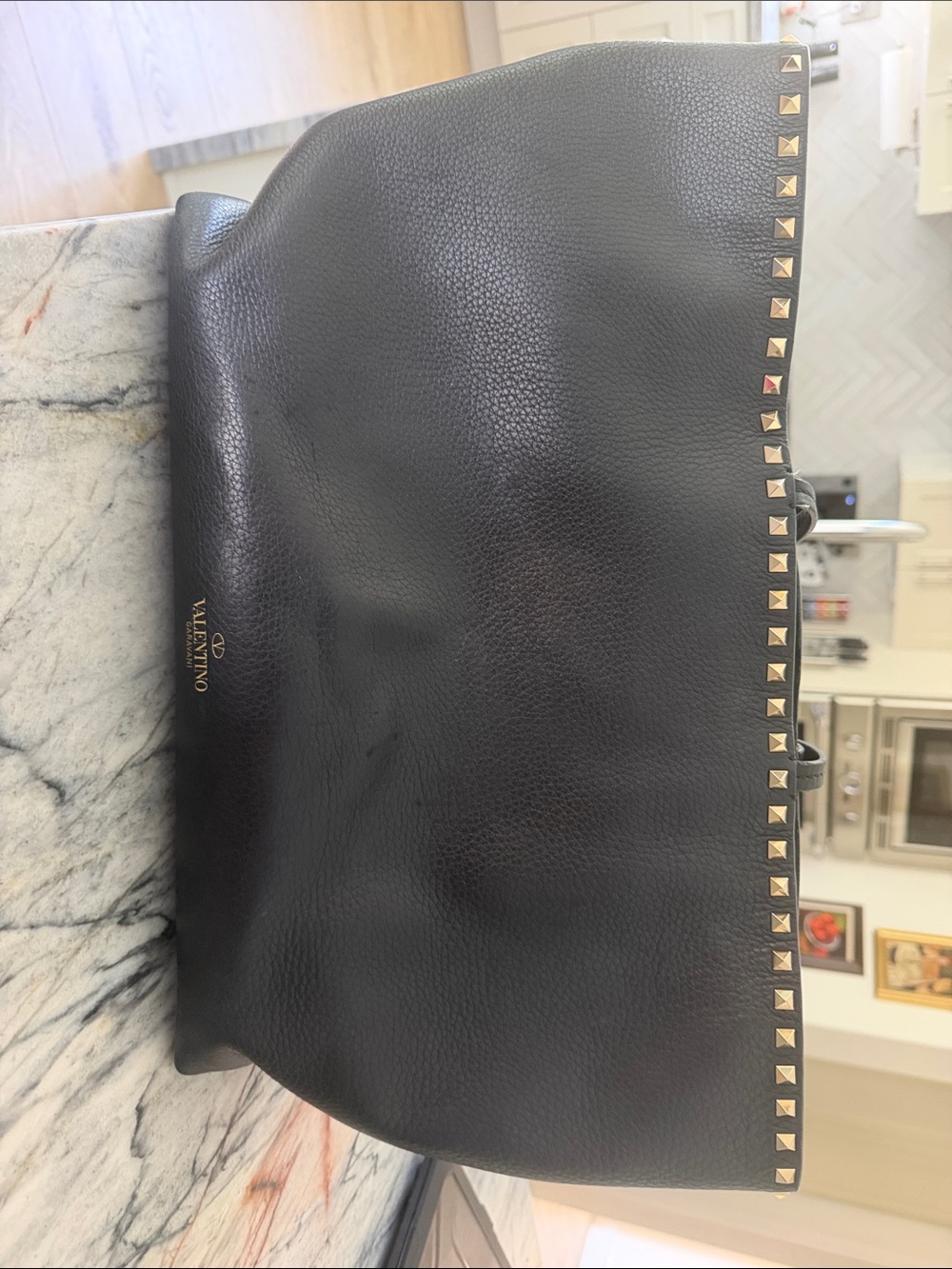 Valentino Garavani Black Leather Tote with Gold Rockstud Trim